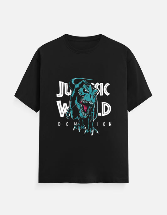 “Black t-shirt featuring a teal and white T-Rex dinosaur graphic with Jurassic World Dominion text.”