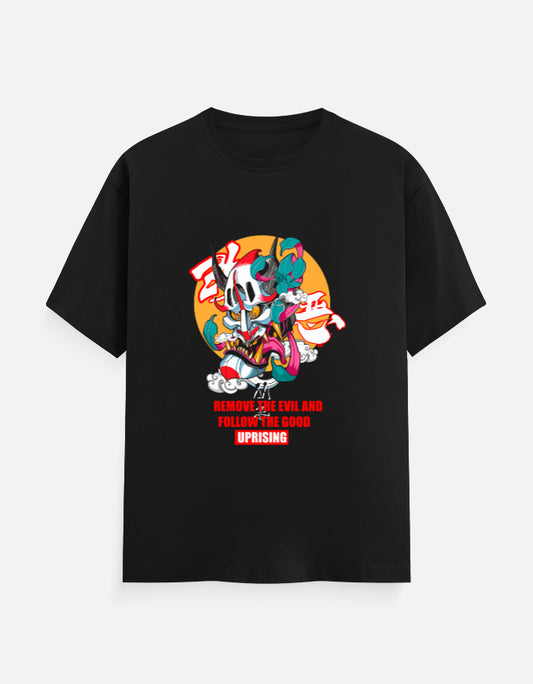 Black t-shirt with a split white and teal Hannya mask over a yellow red sun and the text Remove the Evil and Follow the Good Uprising.