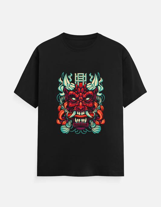Black t-shirt featuring a detailed red Japanese Hannya mask with glowing cyan horns and intricate decorative accents.