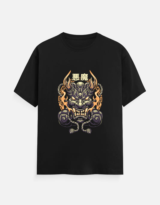 Black heavyweight t-shirt featuring a detailed dark grey and gold Japanese Oni mask with smoke effects and kanji characters.