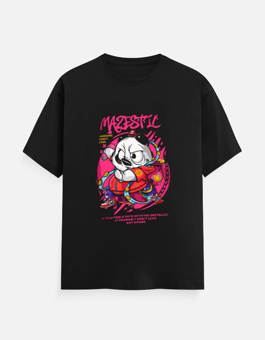 Black t-shirt featuring a Mazestic panda character in a futuristic tech suit with vibrant pink and red circular graphics.