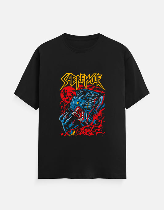 "Front_1_c_2.jpgBlack heavyweight t-shirt with a blue werewolf graphic under a red moon and yellow Sabrewolf metal-style text.”