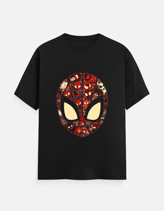 Black t-shirt featuring a large Spider-Man mask silhouette filled with a colorful comic book collage of different Spider-Man characters.