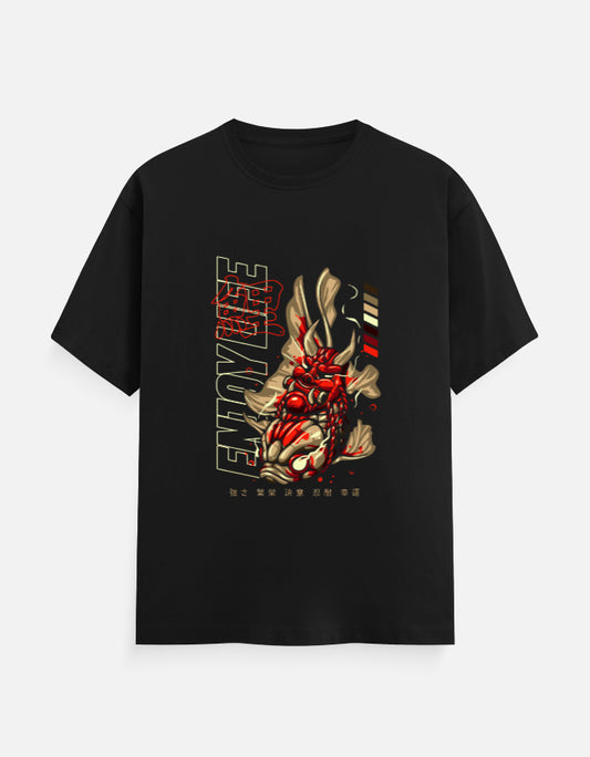 Black t-shirt featuring a detailed red and gold Japanese koi fish with vertical ‘Enjoy Life’ text and small kanji characters.