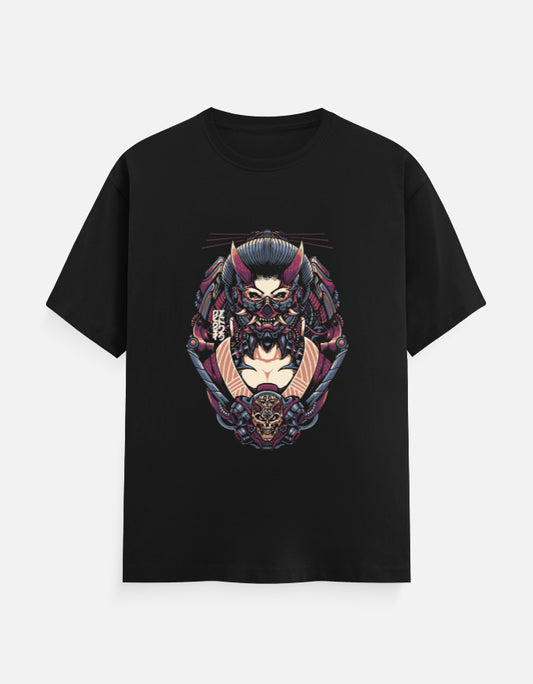 Black streetwear t-shirt featuring a detailed cyberpunk geisha with a mechanical hannya mask and futuristic armor in purple and crimson.
