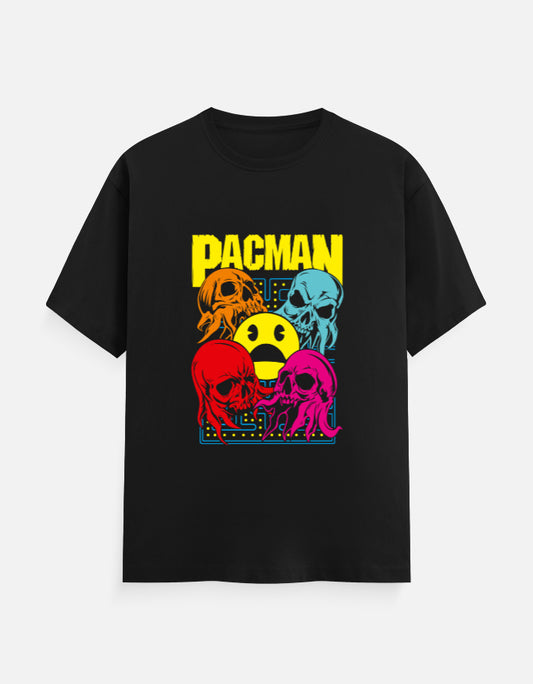 Black t-shirt featuring a yellow Pac-Man logo with four colorful skulls representing the ghosts on a neon blue maze background