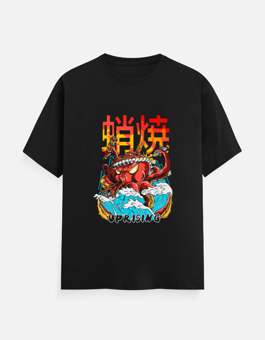 Black t-shirt featuring a fierce red octopus samurai with cyan highlights, large red kanji, and the word Uprising at the bottom.